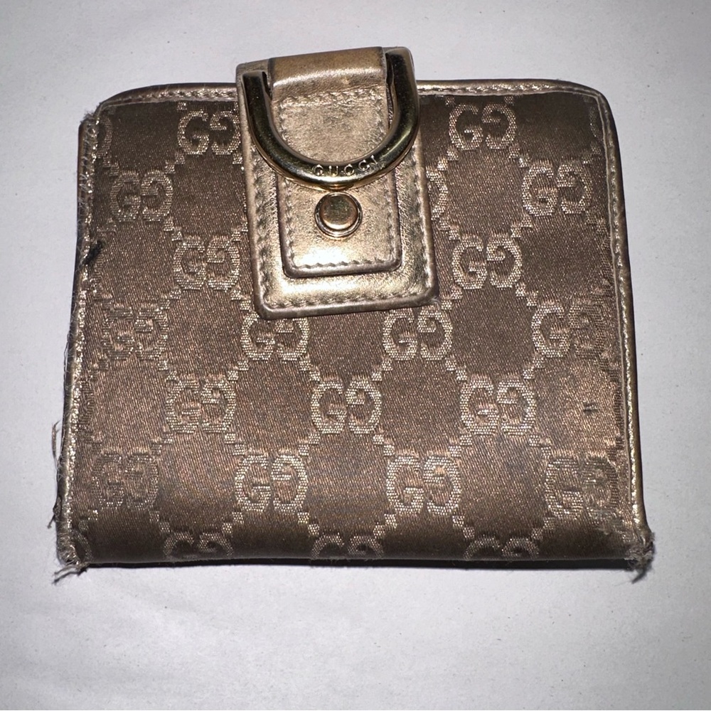 Authentic GUCCI Monogram Canvas & Leather Fold Wallet Card w/ Rear Pocket READ